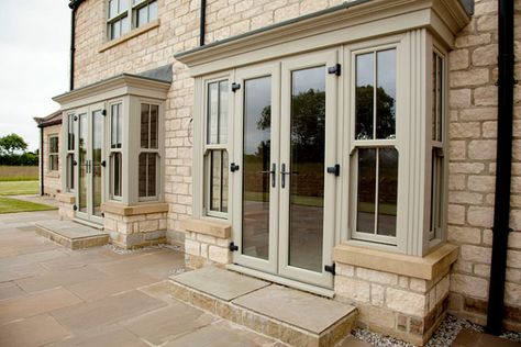 French doors Glasgow Bay French Doors, French Doors With Side Windows, Farmhouse Patio Doors, Bungalow Windows, Lounge Doors, Window Frame Colours, French Doors Patio Exterior, French Door Windows, Double Patio Doors