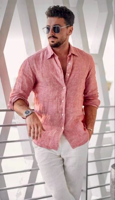 Vineyard Wedding Guest Outfit Men, Pink Linen Shirt Men Outfit, Formal Linen Outfit Men, Lenin Shirt Men, Pink Shirt Outfit Men Formal, Pink Linen Shirt Men, Peach Shirt Outfit Men, Twentea Party, Guayabera Outfit For Men