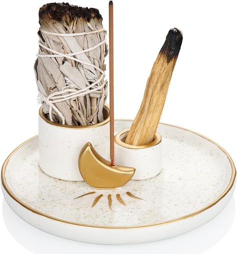 Amazon.com: ZenBless 4 in 1 Incense and Candle Holder for Burning Sage, Palo Santo - 5.9" Ceramic Ash Catcher Tray for Meditation Room (Gold) : Home & Kitchen Sage Holder, Burning Sage, Incense Holders, Meditation Room, 4 In 1, Candle Holder, Incense, Candle Holders, Ash