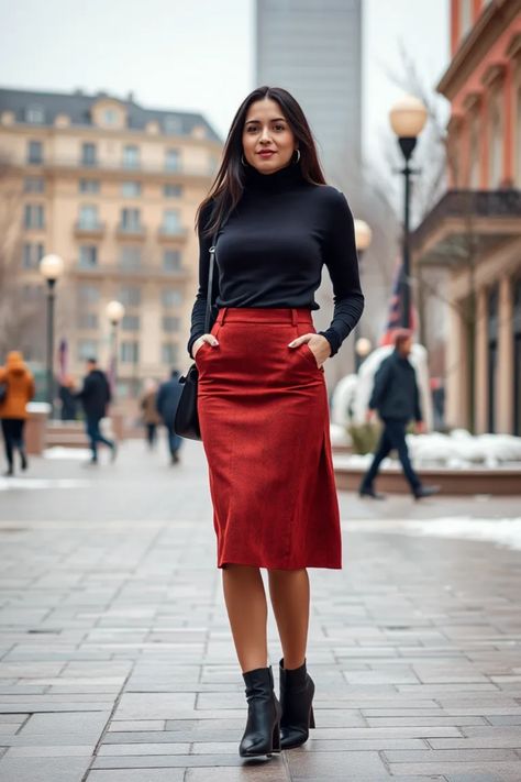 Hey fashion lovers! Are you looking for chic ways to style your winter skirts? Here are 16 stylish winter skirt outfits with boots that will elevate your look. From Midi skirts paired with trendy ankle boots and fitted turtlenecks to effortlessly chic long skirts with knee-high boots, there’s a combination for everyone! These outfit ideas are not just warm; they’re super fashionable and perfect for any occasion. Join us as we explore the cosiest and most fashionable winter vibes! Midi Skirt Sweater Boots Outfit, Flannel Shirt With Skirt, A Line Skirt Outfits Winter, Skirts With Ankle Boots, Sweater Skirt Boots Outfit, Knitted Skirt Outfit Winter, Winter Pencil Skirt Outfits, Red Velvet Skirt Outfit, Shoes For Skirts