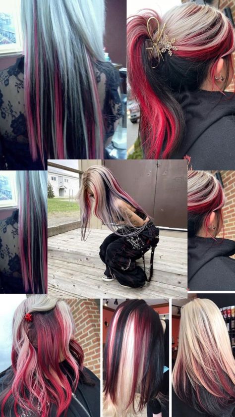 S Curl Hair, Streaked Colored Hair, Hair Dye Parting, Rainbow Brunette Hair, Blonde Hair With Other Colors, Split Hair Hairstyles, Black Low Lights For Blonde Hair, Neopaliton Hair Curly, Pink Color Blocking Hair