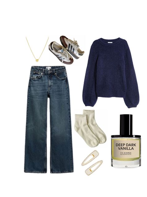 low rise jean, navy sweater, sambas, perfume, white pearl clips, star gold necklace, and white socks! Star Gold Necklace, Pearl Clips, Low Rise Jean, Navy Sweater, White Socks, How To Get Warm, Navy Sweaters, White Sock, White Pearl