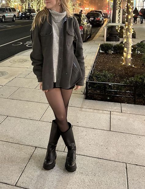 @mscarvaci Mini Sweater Dress With Boots, Boots Tights Skirt, Steve Madden Chunky Boots Outfit, Knee High Steve Madden Boots, Mini Skirt With Tights Outfit Winter, Turtleneck Mini Skirt Outfit, Black Boot Skirt Outfit, Knee High Boot Outfits Fall, Turtleneck Sweater With Skirt