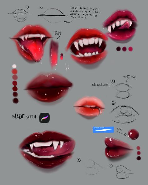 Vampire Ears Reference, How To Shade Lips Drawing, How To Draw Lips Digital, Siren Teeth, Mouth Art Reference, Vampire Drawing Ideas, Lip Drawing Reference, Grunge Digital Art, Lips Drawing Reference