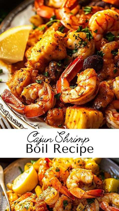 Dive into this Cajun shrimp boil, a hearty and flavorful dish perfect for fall recipes. With succulent shrimp, tender veggies, and smoky sausage, all seasoned with bold Cajun spices, this recipe is a no-fuss dinner that brings big flavor. It’s a one-pot meal that’s easy, delicious, and made for sharing! Cajun Shrimp Jambalaya Recipe, Shrimp And Sausage Crockpot Recipes, Potato And Shrimp Recipe, Crock Pot Shrimp Boil, Cajun Food Ideas, Cajun Dinner Ideas, Cajun Bake, Shrimp Boil Instant Pot, Crockpot Shrimp Boil