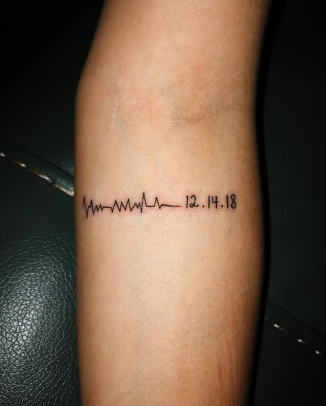 #heartbeat #tattoo #baby #birthdate #armtattoo Heartbeat With Date Tattoo, Heartbeat Tattoo With Birthdate, Last Heartbeat Tattoo Dads, Baby Heartbeat Tattoo, Heartbeat Tattoo Designs For Women, Tattoo Ideas Heartbeat, Last Heartbeat Tattoo, Baby Tattoos For Dads, Heartbeat Tattoo Ideas