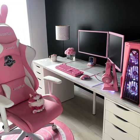 Pink White Black Aesthetic, Kawaii Gaming Setup, White Black Aesthetic, Pink Setup, Pink Games, Pink Desk, Gamer Room Decor, Pc Gaming Setup, Pink Kawaii