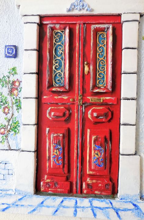 Greece Painting, Traditional Door, Mediterranean Aesthetic, Red Front Door, Ancient Greek Art, Architecture Painting, Acrylic On Wood, Main Door, Greek Art