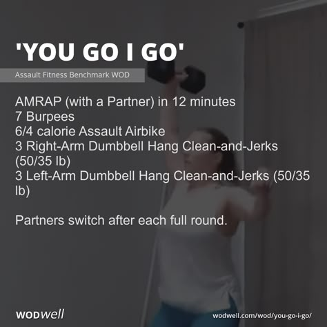 The most popular #partnerworkout on WODwell last month. “You Go I Go” is one of the challenge workouts posted by Assault Fitness @assaultfitness on November 14, 2019 for their Assault WOD series. Team Wod, Partner Wod, Crossfit Challenge, Wods Crossfit, Crossfit Workouts Wod, Dumbbell Arm Workout, Hang Clean, Wod Workout, Team Challenges