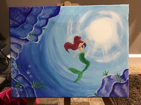 Easy Disney Painting Ideas, Small Disney Paintings, Easy Mermaid Painting, Under The Sea Painting Easy, Disney Princess Paintings Canvas Easy, Under The Sea Painting, Ariel Painting, Disney Painting, Disney Paintings Easy