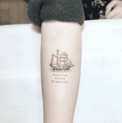 source Cute Ship Tattoo, Fine Line Ship Tattoo, Sailing Tattoo Ideas, Sail Ship Tattoo, Ship Tattoo Women, Small Pirate Ship Tattoo, Small Ship Tattoo, Tattoo Sailboat, Ships Tattoo