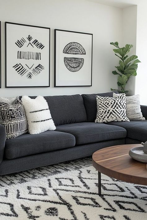 Dark Grey Sofa Boho Living Room, Dark Grey Sofa Living Room Ideas, Dark Gray Sofa Living Room Ideas, Charcoal Couch Living Room, Black White And Grey Living Room, Charcoal Couch, Dark Grey Sofa Living Room, Light Wood Furniture, Dark Grey Couch Living Room