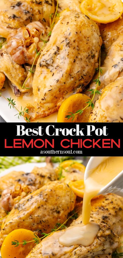 Best Crock Pot Lemon Chicken Crock Pot Lemon Chicken, Lemon Chicken Crockpot, Garlic Roast Chicken, Garlic Chicken Crockpot, Slow Cooker Lemon Chicken, Soul Recipes, Garlic Roast, Roast Chicken Recipe, Chicken Lemon