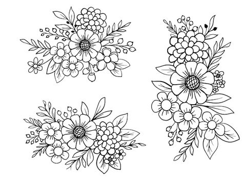 Flower Arrangement Drawing, Floral Drawing Design, Flower Crown Drawing, Floral Design Pattern, Flower Bunches, American Traditional Tattoo Ideas, Traditional Tattoo Ideas, Arte Aesthetic, Botanical Line Drawing