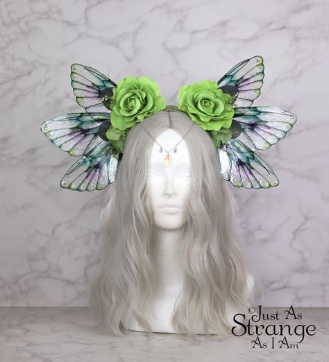 Fairy Wing Headpiece -  Butterfly Flower Crown - Festival Headdress - Renaissance Fair - Bridal - Adult Fairy Costume Fairycore - Green Rose Wing Headpiece, Butterfly Flower Crown, Adult Fairy Costume, Festival Headdress, Swarovski Beads, Butterfly Flower, Fairy Costume, Fairy Wings, Flower Fairy