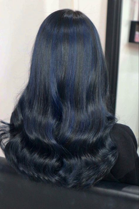 Blue Black Hair Highlights, Dark Hair Blue Highlights, Black Hair With Dark Blue Highlights, Dark Blue Hair Highlights, Black Blue Hair Color, Navy Blue Hair Color, Blue And Black Hair, Majestic Hair, Midnight Blue Hair