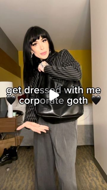 ✯ 𝕸𝖆𝖗𝖘 ✯ on Instagram: "Another lil get dressed with me - corporate goth edition! i know the pants aren’t black, don’t be alarmed !!! thank u all so much for the love on these lil videos, i was so nervous to start doing them 😇 more get dressed with me videos to come! THANKS FOR WATCHING 🖤 outfit details: @disturbia trousers @asos long sleeve @princesspollyboutique penny loafers @lovetootrue blazer @etahlove @bloodymarymetal @loxandchain rings @askemblastore hangers @lemonstraps watch strap Bag is from Amazon! @kissproducts drenched lashes in you dew you" Loafers With Dress Pants, Goth Loafer Outfit, Platform Loafers Outfit Dress Work, Gender Neutral Formal Wear, Goth Loafers, Grunge Work Outfit Corporate Goth, Grey Work Outfit, Goth Corporate Work Outfits, Loafers And Dress Outfit