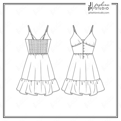 Fashion Illustration Flat Sketches, Garment Sketches Fashion Illustrations, Garment Flat Sketches, Flat Illustration Fashion, Flat Sketch Of Dress, Flat Dress Sketch, Flat Sketches Dress Front And Back, Dresses Flat Sketch, Sundress Drawing