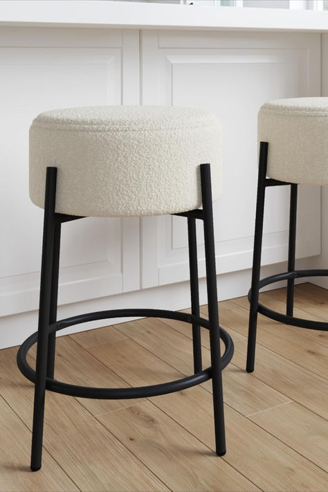 Polyester This backless bar stool has a padded seat for maximum comfort. Its rounded shape make it an accent piece you’ll never want to get up from. This 24" bar stool has sleek design thanks to a sturdy black matte metal frame and fits easily under your counter. Black Barstool, Round Bar Stools, Bar Stool Seats, Backless Bar Stools, Black Bar Stools, Round Bar, Black Set, Black Matte, New Apartment