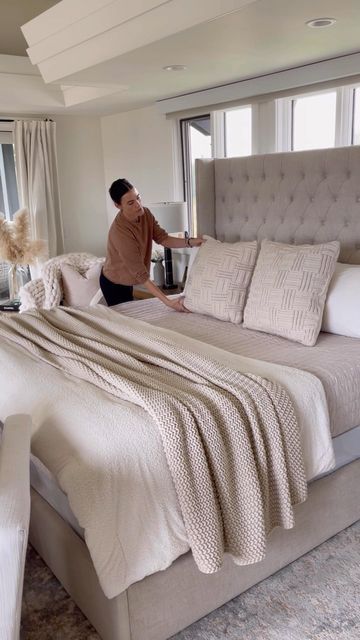 King Bed With Euro Pillows, Throw Pillows For King Size Bed, Big Comfy Bed Master Bedrooms, Big Square Pillows On Bed, Bed Bath And Beyond Bedroom, Neutral King Size Bedding, Neutral Bedding Ideas Boho, King Bed Layering, Layered Quilts On Bed