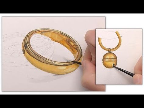 How to Paint Gold in Watercolor - YouTube Watercolor Jewelry Painting, Watercolor Realistic, Watercolor Jewelry, Gold Drawing, Exhibition Ideas, Watercolor Instruction, Realistic Watercolor, Step By Step Watercolor, Watercolor Video