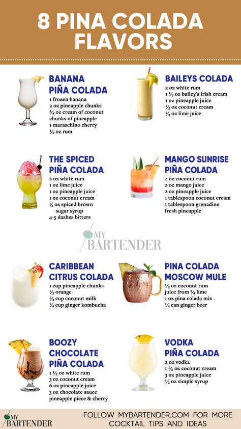 Pina Colada Flavors Tequila Pina Colada, Pina Colada Daiquiri, Best Piña Colada Recipe Alcohol, Pina Colada Alcoholic Drink, Mango Colada Recipe, Pina Colada Recipe Alcoholic, Pina Colada Margarita, Pins Colada Smoothie, Pina Colada Mocktail Recipe