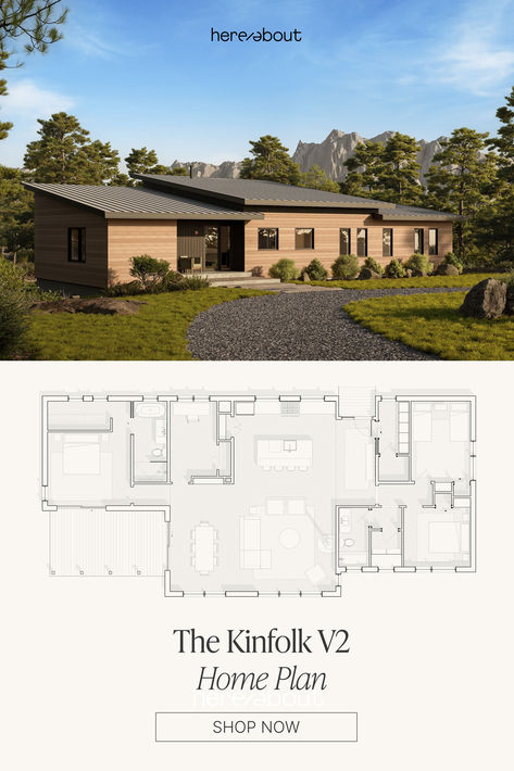 a photo of the exterior of the modern Kinfolk V2 home plan; there is a drawing of the home plan underneath the photo Concrete Homes Plans, Home Layout Plans, Desert House Plans, Shed Roof Design, Cement Home, 4 Bedroom House Designs, Building Design Plan, Bespoke Home, Small Modern Home