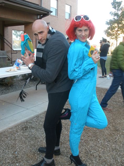 Despicable Me!  Gru and Lucy costumes!  (I found this fabulous silk turquoise one piece at a local thrift store!!) Lucy And Gru Costume, Gru And Lucy Halloween Costume, Gru And Lucy Costume, Gru Costume, Gru And Lucy, Lucy Wilde, Lucy Costume, Local Thrift Stores, Despicable Me