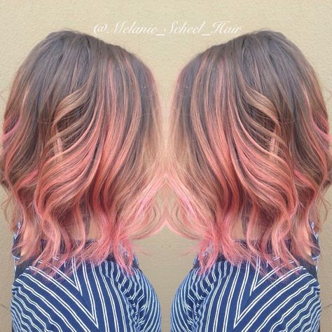 Peach balayage #peachhair See this Instagram photo by @melanie_scheel_hair • 36 likes Brunette Hair With Peach Highlights, Peach Pink Hair Highlights, Coloured Balayage, Peachy Pink Balayage, Peach Balayage, Pink To Peach Ombre Hair, Vivid Peach Hair, Blorange Hair, Peach Hair Colors