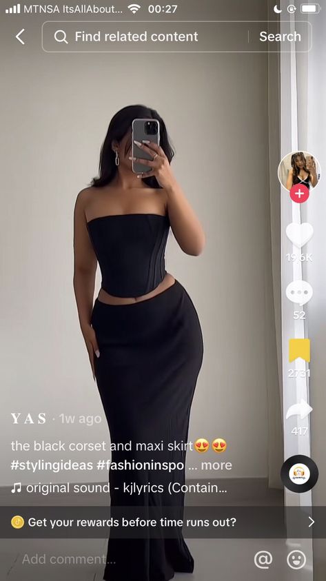 Black Corset Outfit, Corset Outfit, Silk Maxi Skirt, Classy Prom Dresses, Maxi Skirt Outfits, Black Maxi Skirt, Streetwear Fashion Women, Black Corset, Swaggy Outfits