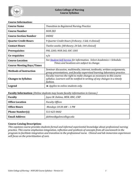 NUR 283 Syllabus Version 6-1 04D02 - Galen College of Nursing Course Syllabus Course Information: - Studocu Galen College Of Nursing, Syllabus Template, Midwifery Student, Supervised Learning, Nursing Courses, Course Syllabus, Med Surg, Nursing, Quick Saves