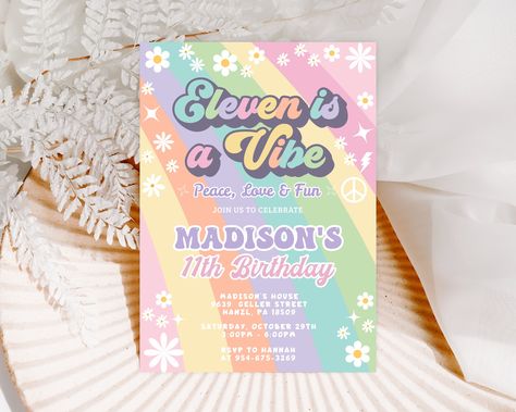 Groovy 11th Birthday Invitation EDITABLE Eleven is a Vibe invitation Retro Invite Eleventh birthday invite INSTANT DOWNLOAD Printable GR7 by SweetPixelPrints on Etsy Groovy Theme, 10th Birthday Invitation, Eleventh Birthday, Tenth Birthday, Carton Invitation, Fourth Birthday, 12th Birthday, 11th Birthday, First Birthday Invitations