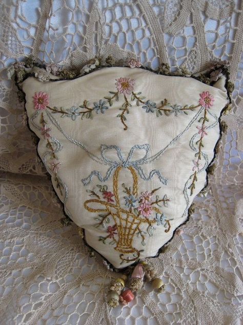 Victorian Hand, Silk Tassels, Ring Pillow Wedding, Ring Pillow, Vintage Ribbon, Heirloom Sewing, Embroidered Wedding, Silk Ribbon Embroidery, Ribbon Work