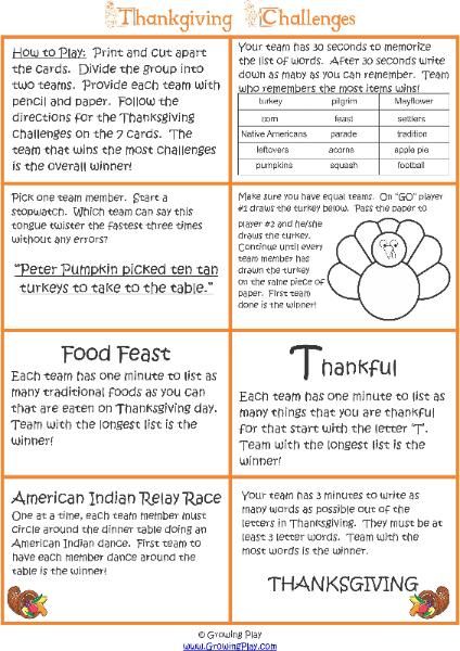 Thanksgiving Challenge - check out this free group game to print to play around the Thanksgiving table from young to old.  Play with teams. Thanksgiving Challenge, Thanksgiving Family Games, Thanksgiving Games For Adults, Fun Thanksgiving Games, Thanksgiving Activities For Kids, Challenge Games, Thanksgiving Crafts For Kids, Holiday Games, Thanksgiving Theme