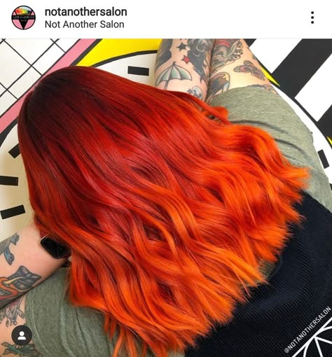 Red Into Orange Hair, Red Hair With Orange Tips, Red And Orange Ombre Hair, Red Hair Orange Highlights, Red To Orange Ombre Hair, Red To Orange Hair, Dark Red Orange Hair, Red And Orange Hair Color, Orange And Red Hair