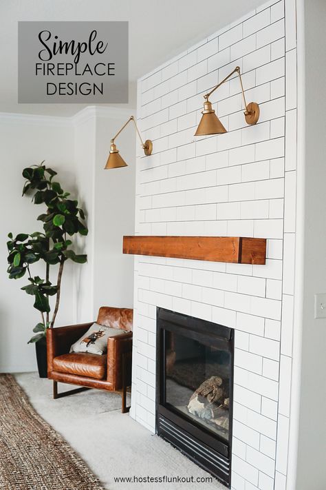 Large Subway Tile Fireplace, Subway Tile Fireplace With Wood Mantel, White Tile Fireplace With Wood Mantle, Fireplace Subway Tile, Lighting Over Fireplace, Subway Tile On Fireplace, Fireplace Tile Bottom Shiplap Top, Fireplace With Subway Tile, Subway Tile Fireplace Surround