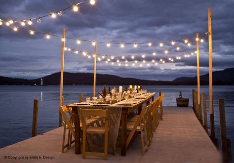 Dinner party on a dock. Fabulous! Buffet Table Settings, Dock Wedding, 50th Birthday Themes, Party Tent Rentals, Tent Event, Couples Dinner, Lake House Wedding, Party Tents, Lake Party