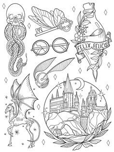 Harry Potter Castle, Ab Tattoo, Harry Potter Tattoos, Original Tattoos, Doodle Inspiration, Line Art Tattoos, Doodle Illustration, Funny Doodles, Art Tattoos