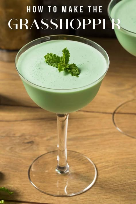 A 70's classic, this combination of creme de menthe, creme de cacao, and cream is one of those perfect dessert cocktails. Forego the cake and have a cocktail instead! #grasshopper #discococktail #recipe #cocktail Grasshopper Drink Recipe, Grasshopper Cocktail Recipes, Grasshopper Recipe, Grasshopper Cocktail, Green Cocktails, Dessert Cocktails, Restaurant Bars, Creamy Cocktails, Birthday Cocktails