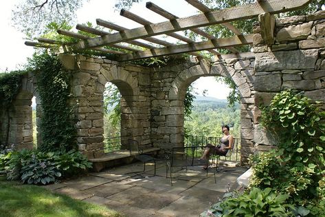 Stone walls with a pergola | Karl Gercens | Flickr Stone Pergola, Stone Garden Wall, Stone Walls Garden, Stone Wall Design, Stone Landscaping, Aged Wood, Dry Stone, Stone Garden, Stone Walls