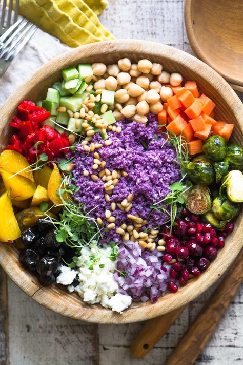 My Purple Cauliflower Rice Salad pulls together fall staples with a few Mediterranean touches in a base of colorful gluten free cauliflower rice. #salad #easy #recipe #healthy #glutenfree #cauliflowerrice #vegetarian #vegan #wintersalad #thanksgiving #fall #sidedish #rainbow #vegetables Cauliflower Rice Salad, Bliss Bowls, Purple Cauliflower, Raw Cauliflower, Fruit Salad Recipe, Winter Salad, Buddha Bowls, Veggie Bowl, Rice Salad