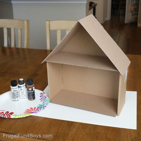 Small Cardboard Gingerbread House Diy, Gingerbread Dolls House, Cardboard Gingerbread House Diy Template, Gingerbread Dollhouse Makeover, Cardboard Box Houses For Kids, Diy Elf House, Diy Cardboard House For Kids, Cardboard Gingerbread, Mini Cardboard House