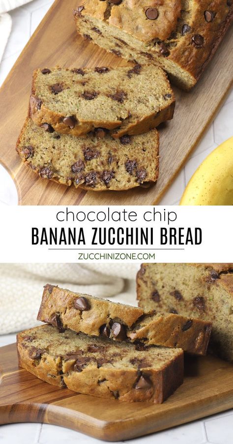 Chocolate Chip Zucchini Banana Bread Recipe, Chocolate Banana Zucchini Bread Recipe, Zucchini Banana Chocolate Chip Bread, Zucchini And Banana Bread, Zucchini And Banana Recipes, Banana And Zucchini Bread Recipe, Zucchini Banana Recipes, Banana Zucchini Chocolate Chip Muffins, Chocolate Zucchini Banana Bread