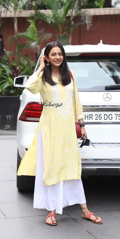 Bollywood Celebrities In Kurtis, Collage Outfits Casual Indian, Office Kurta For Women, Kurti Types, Kurta Fashion, Suits For Women Indian, Plain Suit, Yellow Kurta, Indian Kurti Designs