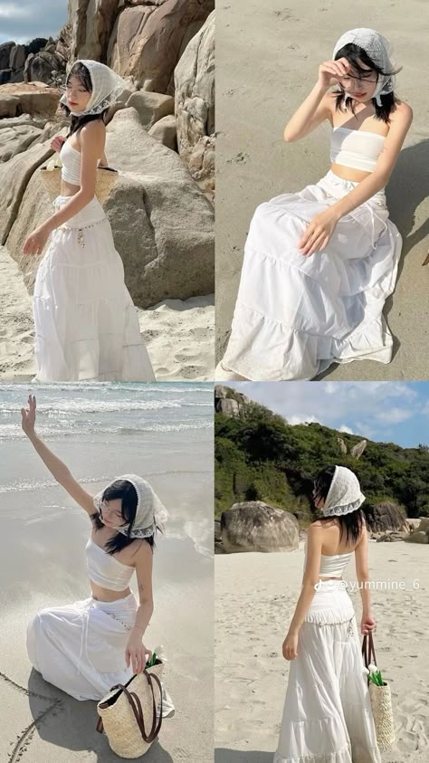 Beachy Aesthetic Clothes, Winter Beach Outfit Aesthetic, Korean Beach Outfit Aesthetic, Japanese Beach Outfit, Korean Summer Outfits Beach, Outfit Sea Beach, Boracay Outfit, Outfit Plage, Korean Beach Outfit