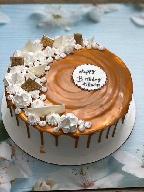 Simple Butterscotch Cake Design, Butter Scotch Cake Designs, Butterscotch Cake Designs, Butterscotch Cake Decoration, Ras Malai Cake Designs, Butter Scotch Cake, Scotch Cake, Simple Birthday Cake Designs, Cake Shake