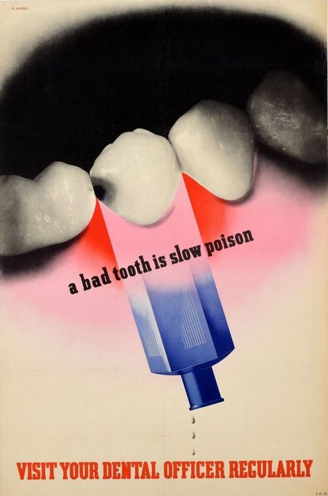 Original #vintage #poster of the day - A bad tooth is slow poison Visit your Dental Officer regularly (1940s) Art: Abram Games → www.antikbar.co.uk/original_vintage_posters/propaganda_posters/bad_tooth_slow_poison_wwii_abram_games/PW0920/ #Dental #Health #WWII #AbramGames #GraphicDesign #Dentist #Tooth #Decay #Poison #DentalCare #ToothacheDay #DentalHealthMonth Abram Games, Teeth Images, Dental Posters, Poison Bottle, Dental Health Month, 1940s Art, Bad Teeth, Health Poster, Red Letters