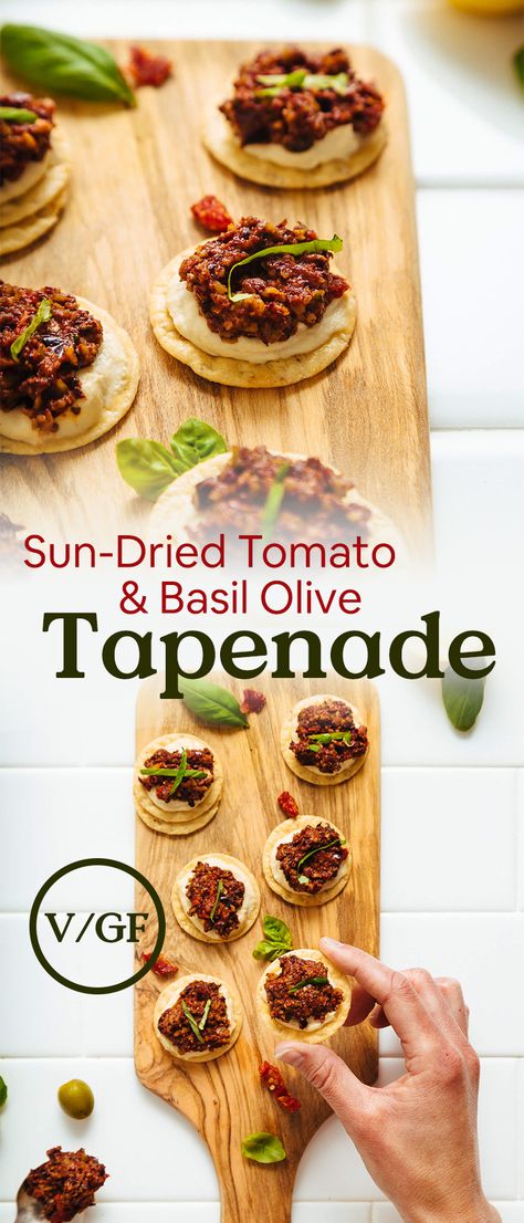 EASY Sun-Dried Tomato and Basil Olive Tapenade in 5 minutes! Fresh, chunky, and only 6 ingredients required! #plantbased #glutenfree #tapenade #recipe #minimalistbaker Blooming Table, Hand Food, Tapenade Recipe, Hummus And Pita, Vegan Dressing, Minimalist Baker, Olive Tapenade, Garden Picnic, Table Food