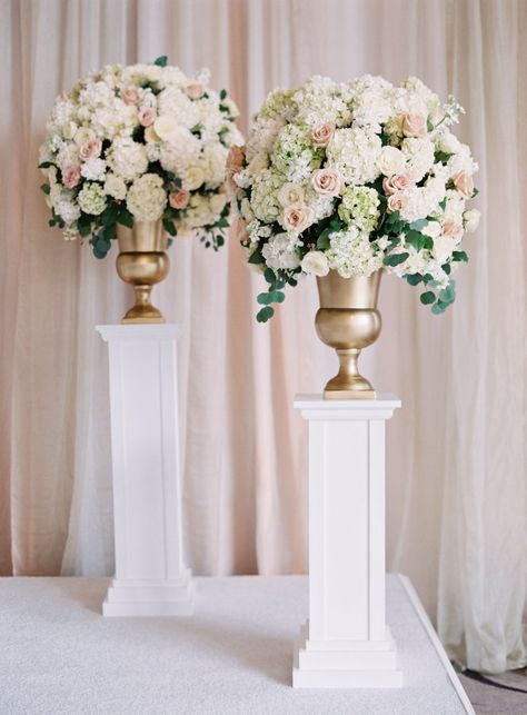 Rose, hydrangea and eucalyptus wedding flowers: http://www.stylemepretty.com/little-black-book-blog/2016/12/01/elegant-glamorous-baltimore-ballroom-wedding/ Photography: Michael and Carina - http://www.michaelandcarina.com/ Church Aisle Decorations, Wedding Church Aisle, Alter Flowers, Church Wedding Decorations, Wedding Church, Church Flowers, Wedding Table Flowers, Wedding Ceremony Flowers, Church Ceremony