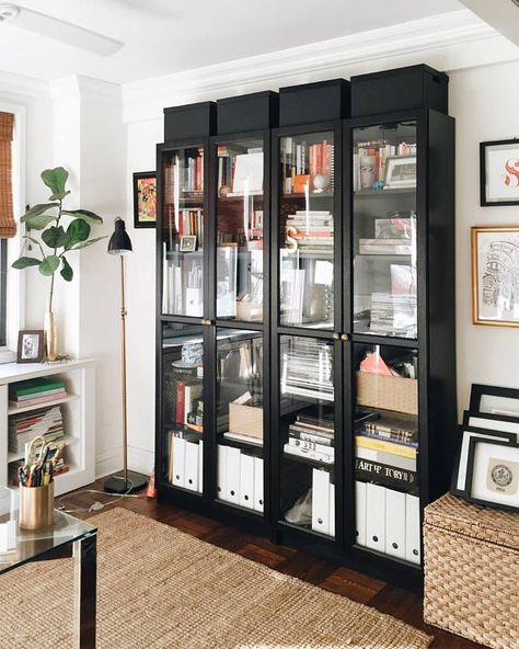 IKEA Billy Bookcase with glass doors                                                                                                                                                                                 More Ikea Glass Door Bookcase, Black Ikea Cabinet, Black Billy Bookcase With Glass Doors, Bookcase With Glass Door, Glass Book Shelves In Living Room, Black Billy Bookcase Living Room, Black Billy Ikea, Ikea Bookcase With Glass Doors, Home Library Glass Doors